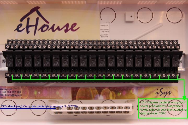 Inteligentny Dom eHouse - podłączenie przekaźników i urządzeń wykonawczych do RoomManagera. Podłączenie przewodu Neutralnego 230V dla odbiorników.