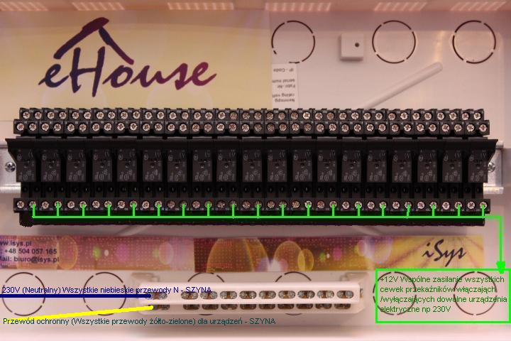Inteligentny Dom eHouse - podłączenie przekaźników i urządzeń wykonawczych do RoomManagera. Podłączenie przewodów ochronnych.