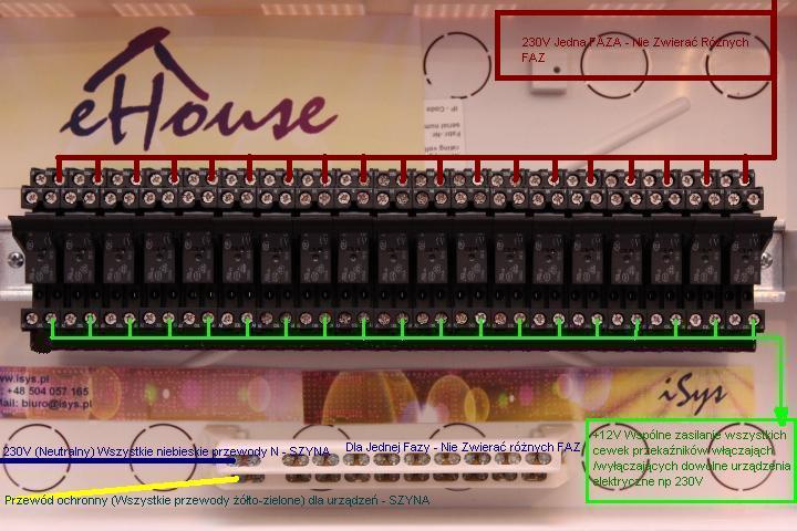 Inteligentny Dom eHouse - podłączenie przekaźników i urządzeń wykonawczych do RoomManagera. Podłączenie fazy 230V do przekaźników sterujących.